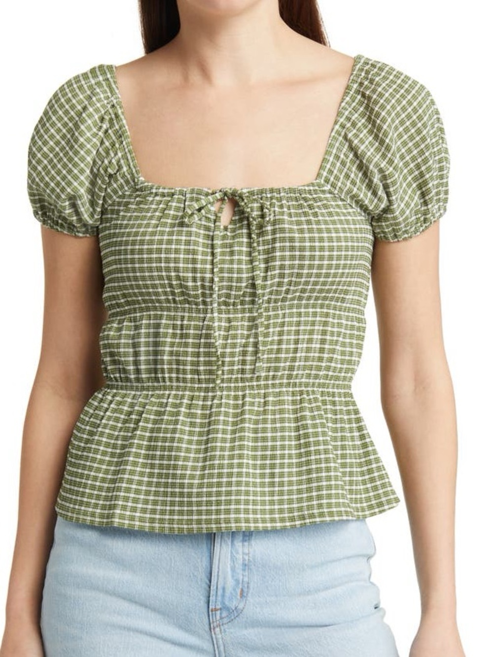 Madewell Olive Plaid Smocked Peplum Crop Top